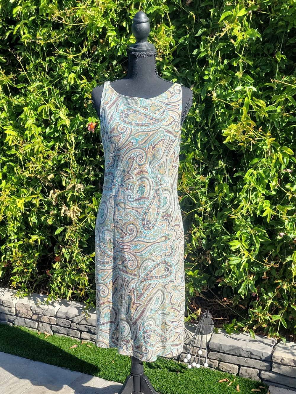 120% Lino Sleeveless Teal and Beige Paisley 100% Linen Midi Dress